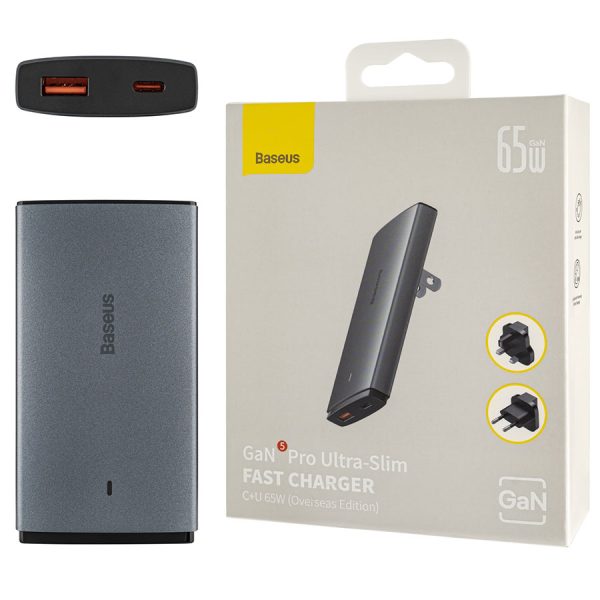 Зарядное устройство Baseus GaN5 Pro Ultra-Slim Fast Charger C+U 65W Gray (With Cab Type-C/ Type-C 100W (20V/5A))(CCGP150113)