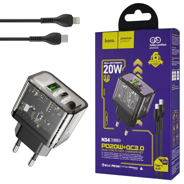Мережевий зарядний пристрій  HOCO N34 Dazzling (dual-port) PD20W+QC3.0, Type-C to iP, Black (6931474799173)