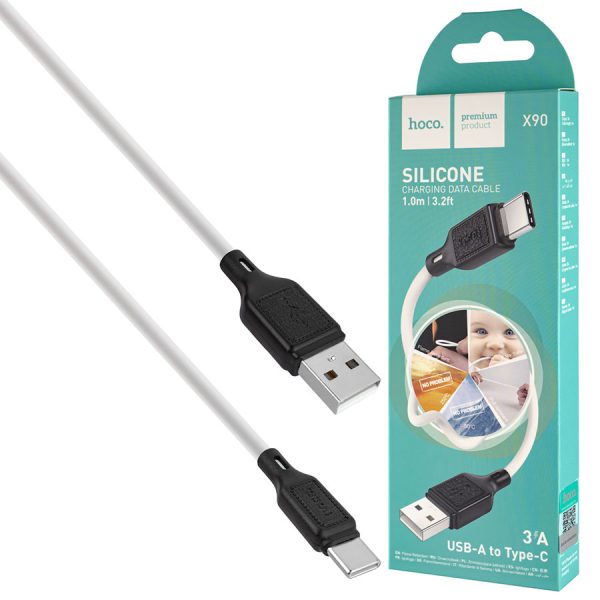 Кабель HOCO X90 Cool silicone, USB to Type-C, 3A, PD60W, 1m, White (6931474788450)