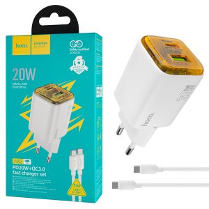 Мережевий зарядний пристрій HOCO N52 Monsoon PD20W+QC3.0, Type-C to Type-C, White (6942007630412)