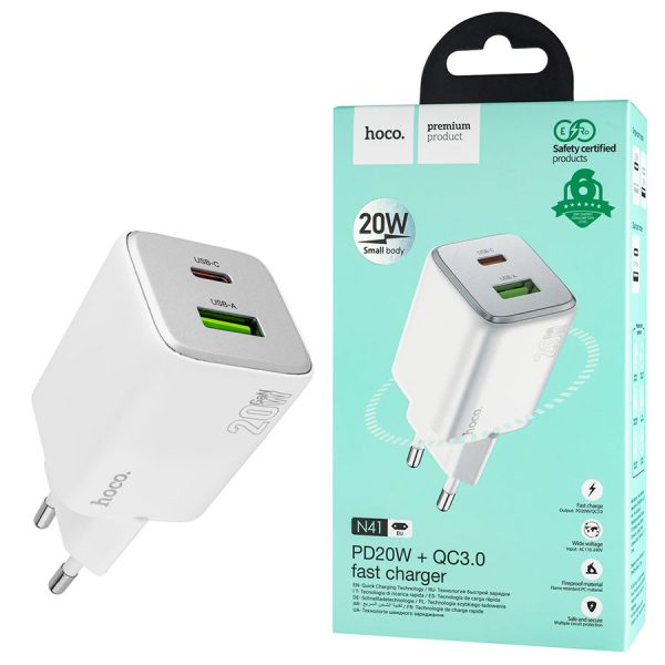 Мережевий зарядний пристрій HOCO N41 Almighty, PD20W+QC3.0, White (6942007617031)