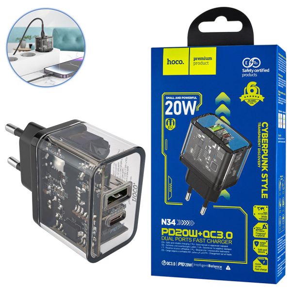 Мережевий зарядний пристрій HOCO N34 Dazzling (dual-port) PD20W+QC3.0, Black (6931474799166)