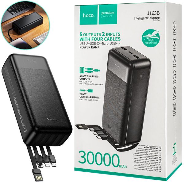 Універсальна мобільна батарея HOCO J163B Wonderful, with 4 cables, 30000mAh, Black (6942007664615)